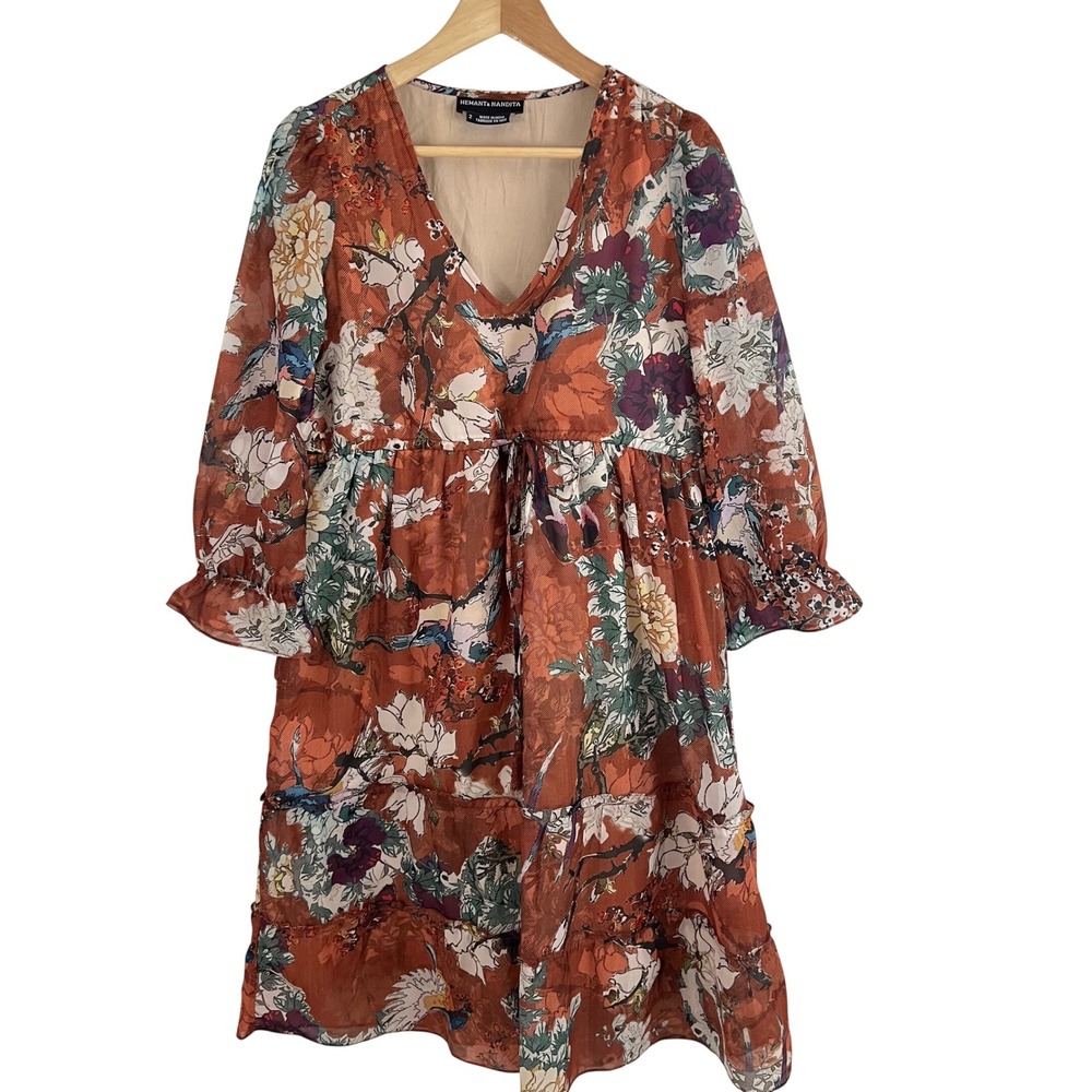 Hemant & Nandita Floral Mini Dress Women Size 2 Rust Chiffon Tiered Ruffle